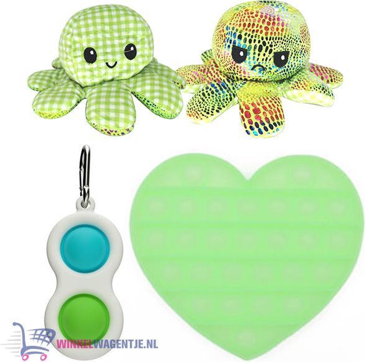 Pop It Fidget Hart (Glow in the dark) + Simple Dimple + Octopus Mood Knuffel (Shiny Green) | pop it fidget toy goedkoop, fidget toy, fidget toys pakket, fidget toys pop it, fidget toys stressbal, speelgoed voor kinderen, TikTok Rainbow